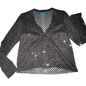 Alice + Olivia Sequined Brown Sweater Top Silk Lined Polka Dot Button Down Blous